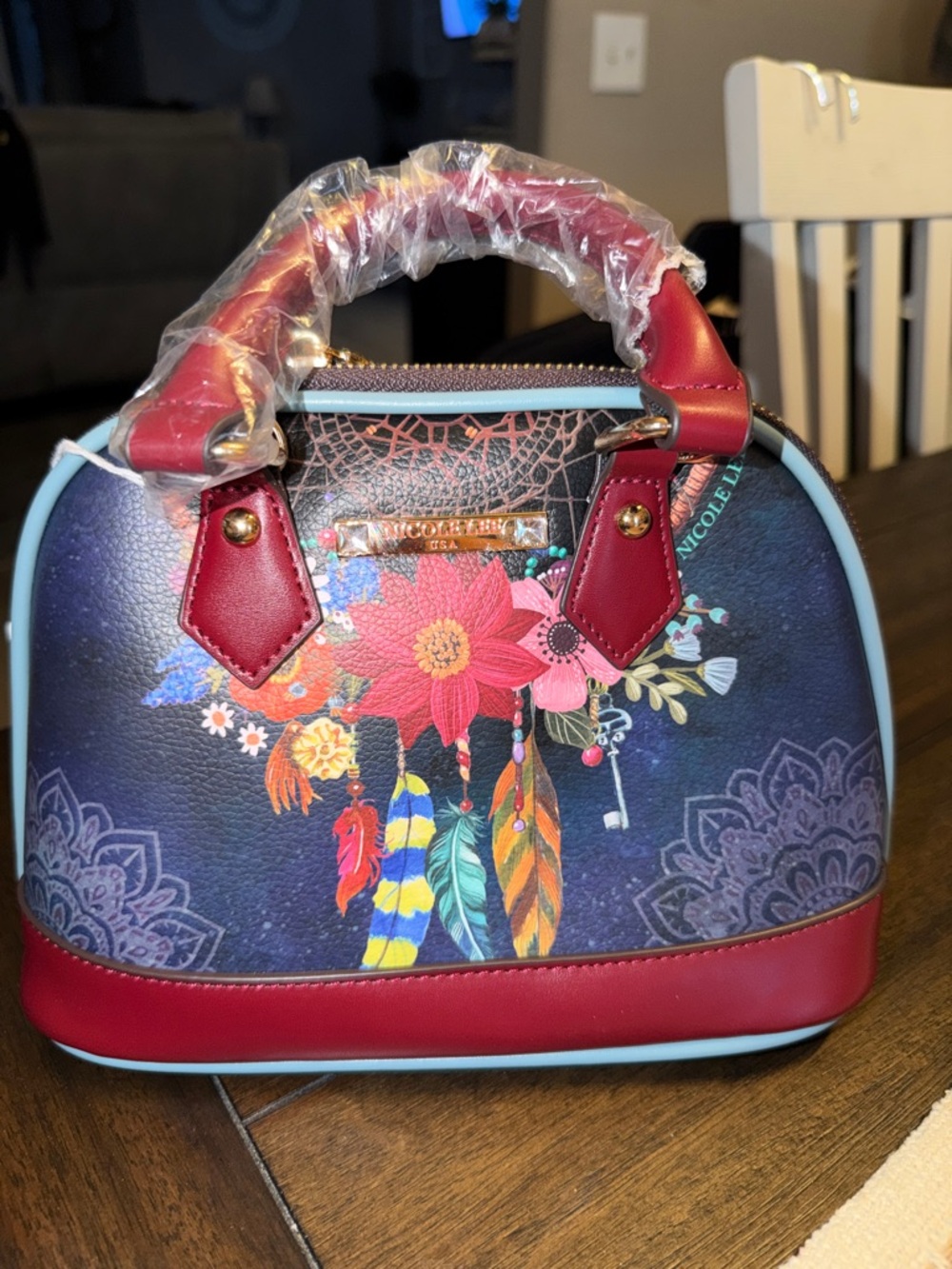 Nicole Lee Navy Floral Dreamcatcher Mini Satchel with Red Trim